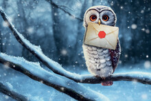 Cute Owl In A Winter Forest On A Winter Day. Snow Owl With A Letter.