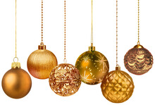 Six Golden Color Decoration Christmas Balls Variation Collection Set Hanging Isolated