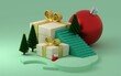 3d illustration of the Christmas trees, packed presents, and a red Christmas ball