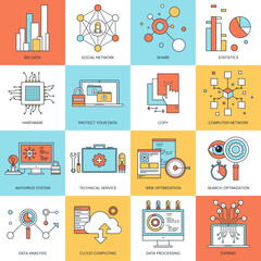 vector set of flat line concepts on technology theme . design elements for web and mobile applicatio