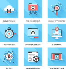 Wall Mural - Vector set of flat data management icons on following themes - cloud storage, file management, search optimization, performance, technical service, navigation, big data, data processing, sync