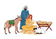 Christmas scene of baby Jesus with Mary and Joseph vector illustration. The Birth of Jesus Christ. Mary holding baby Jesus in a barn with animals. Christian Nativity. Bethlehem Star. Holy night.
