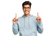 © Asier - Young caucasian handsome man isolated indicates with both fore fingers up showing a blank space.