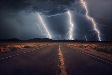 Low-angle Shot Of A Desert Road With An Intense Thunderstorm And Lightning In The Sky