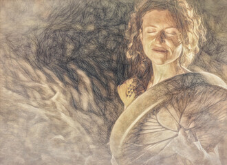Poster - beautiful shamanic girl playing on shaman frame drum in the nature. Painting effect.