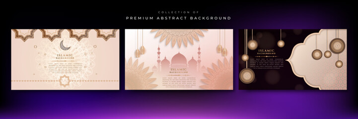 Ramadan Kareem. Beige brown pastel moon and abstract luxury islamic elements background