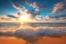 Beach Sunrise Over The Tropical Sea Waves And Island Sand