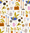 Seamless pattern of gardening tools. Plants in pots, watering can, seedlings, seeds, scissors, shovel, pitchfork, watering can, bucket, wheelbarrow, wooden box, garden scissors, composter, shovel.