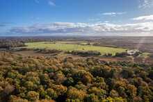 The Drone Aerial View Of New Forest  National Park In Autumn, Hampshire, England. The New Forest Is One Of The Largest Remaining Tracts Of Unenclosed Pasture Land, Heathland And Forest.