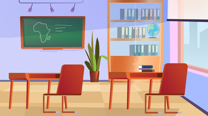 Wall Mural - Geometry class interior concept. Room with school furniture - chalkboard, tables and chairs for students, bookshelf, houseplant, large window. Illustration background in flat cartoon design