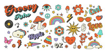 Set Of Stickers Icons Retro Style 70s Groove On White Background