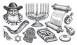 Jewish set sketch. Torah scroll, Menorah, Shofar, Rabbi, Miriam hand. Religion concept vintage vector illustration