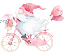 Watercolor Cute Valentines Gnome With Pink Bicycle