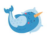 Fototapeta Dinusie - Funny cute baby narwhal sleeping on pillow. Sea mammal animal cartoon character vector illustration