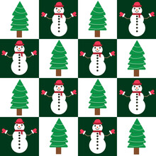 Cute Christmas Tree And Snowman On White And Dark Green Checkerboards Seamless Pattern. For Christmas Textile, Wrapping Paper And Fabric. 