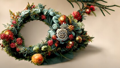 Sticker - Beautiful Christmas wreath on grey background, top view