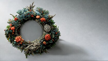 Sticker - Beautiful Christmas wreath on grey background, top view