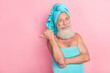 © deagreez - Photo of retired grandfather point finger empty space demonstrate spa center sales isolated on pastel color background