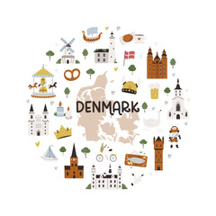 Wall Mural - Circle decoration, emblem with famous symbols and landmarks of Denmark