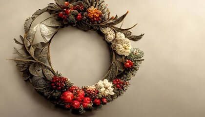 Sticker - Beautiful Christmas wreath on grey background, top view