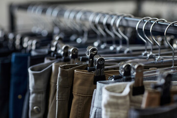 Wall Mural - Close up of jeans and pants in row on clothing rack at second hand store, copy space