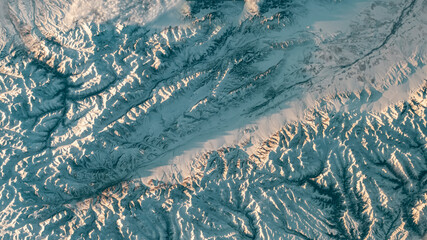 Aerial view of mountain landscape. Snow covered mountains winter background. Earth landscape view in winter. Earth observatory from satellite. Elements of this image furnished by NASA