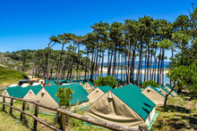 Camping On The Cies Islands Natural Park Off The Coast Of Vigo In Galicia, Spain