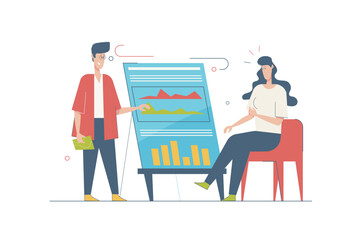 Aufkleber - Business meeting concept with people scene in flat cartoon design. Woman and man discussing and analyzing data at presentation, briefing tasks. Vector illustration with character situation for web