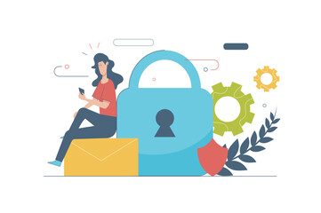 Wall Mural - cyber security concept with people scene in flat cartoon design. woman using mobile apps with protec