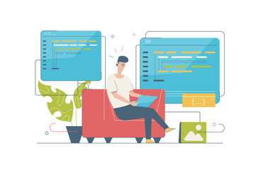Leinwandbilder - Programming software concept with people scene in flat cartoon design. Man developer creates programs and works with code, tests and optimizes. Vector illustration with character situation for web