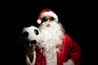 © SaucE ReQuEs - Santa Claus with sunglasses or a welder holding a World Cup soccer ball as a gift for all children, with a black background where his red suit and white beard stand out