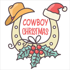 Wall Mural - Cowboy Christmas horseshoe with holiday symbols. Vector illustration Country Christmas with cowboy hat and Santa hat isolated on white.