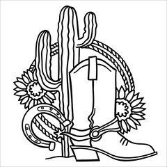 Wall Mural - Cowboy boots and cactus. Countryside vector hand drawn illustration with horseshoe and lasso isolated on white background. Country cowboy symbol with sunflowers decoration.