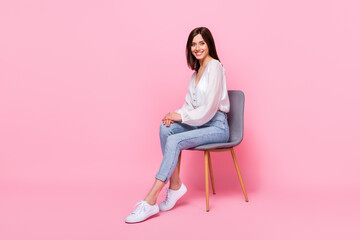 Sticker - Full length photo of good looking office worker sit stool posing empty space wear stylish outfit isolated pink color background