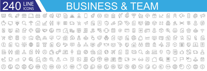 Wall Mural - Big set of 240 Business icons. Business and Finance web icons. Vector business and finance editable stroke line icon set with money, bank, check, law, auction, exchance, payment. Vector illustration.