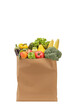 Studio shot of fresh fruits and vegetables in a paper bag