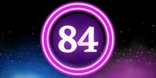 Number 84. Banner With The Number Eighty Four On A Black Background And Blue And Purple Details With A Circle Purple In The Middle