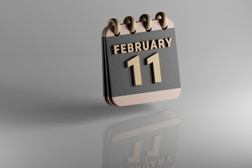 Poster - Standing black and golden month lined desk calendar with date February 11. Modern design with golden elements, 3d rendering illustration. White ceramic reflection background...