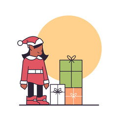 Wall Mural - elf girl preparing for new year and christmas holidays celebration santa helper near wrapped gift boxes