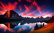 夕焼けの山と湖