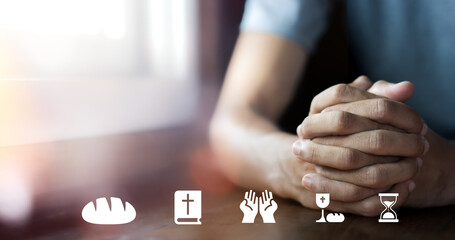 Sticker - Hands pray on wooden table and visual icon, christian icon, religion concept.