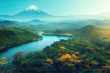 Beautiful Japanese Landscape In Summer With Forest, River And Mount Fuji In The Background
