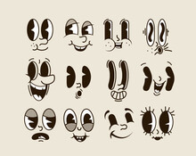Retro Cartoon Smiled Comic Faces Set Isolated On White Background. Vector Illustration