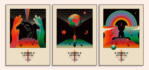 retro abstract space with human silhouette in space poster or cards set for book cover or music albu
