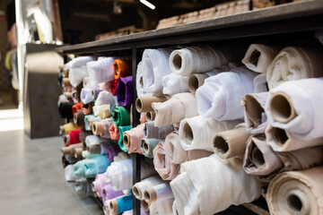 Wall Mural - Different fabric rolls on shelves in textile shop