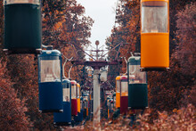 Colorful Cableway Cabins In Autumn Forest With Golden Trees And Gray Sky. Color Graded