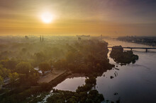Sunrise Over Vistula River, Cathedral Parish St. Michael The Archangel And National Stadium, Warsaw, Poland