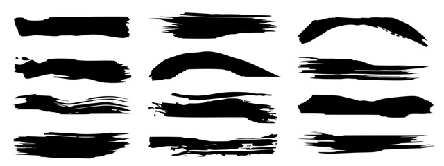 Wall Mural - Vector collection of artistic grungy black paint hand made creative brush stroke set isolated on banner background. A group of abstract grunge sketches for design education or graphic art decoration