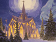 church with snow at night