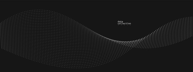 Grey abstract background, vector wave of flowing particles over black, curvy lines of dots in motion, technology and science theme, airy and ease futuristic illustration.